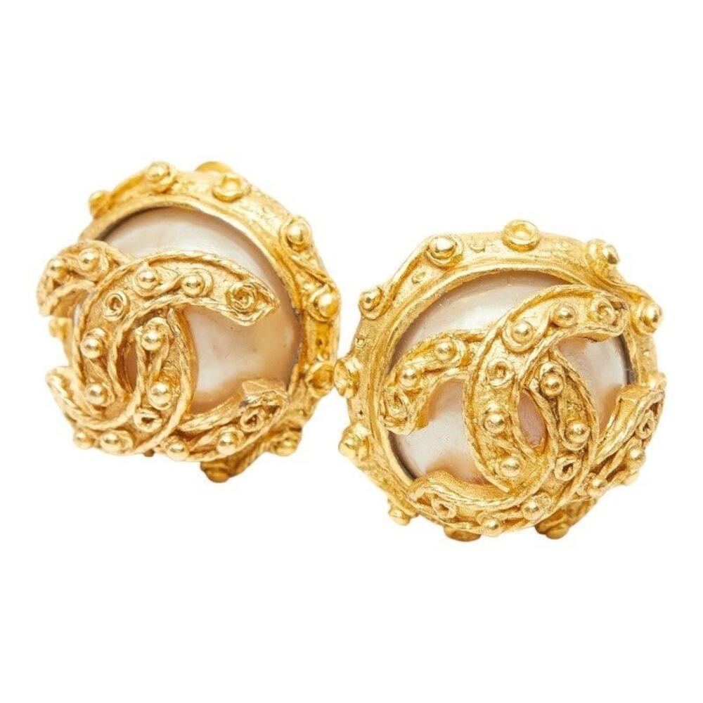 Chanel CC Logo Faux Pearl Gold Plated Clip-On Earrings Gold